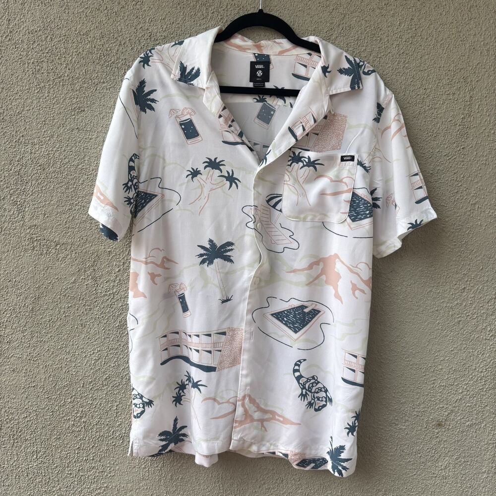 Vans Scenic Woven Short Sleeve Men’s Shirt White Button Up Vacation Beach Gecko